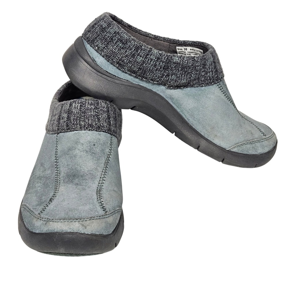 Dansko Clogs Women 38 Blue Grey Leather Suede Knit Collar Slip Resistant Mules
